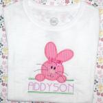 Oh so cute!  Make it a boy bunny by leaving off the bow and changing the fabrics.  
Add $1.00 extra for the bow.